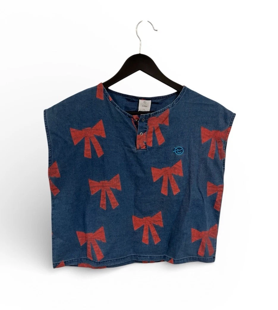 Wynken Girl's Blue & Red Sleeveless Twill Bow Print Shirt, Size 14 Girls New