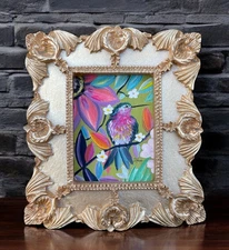 Hummingbird miniature art watercolor print in gold vintage style ornate frame