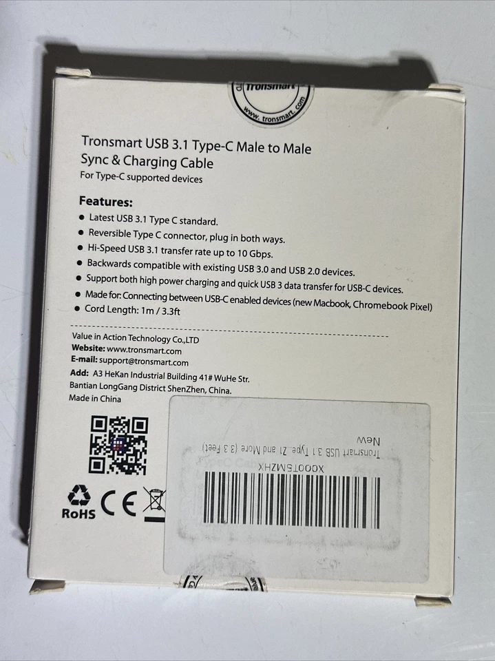 Кабель синхронизации и зарядки Tronsmart USB 3.1 тип C штекер на штекер (длина: 1 м/3,3 фута) - Изображение 2 из 2