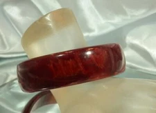 Vintage 60's Tested Simichrome + Cherry 1" Wide Marbled Bakelite Bracelet 812my2