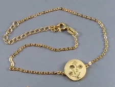 14K GOLD PLATE Sterling Silver BRACELET OR ANKLET Flower Engraved Disc 8-10"