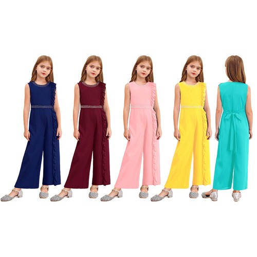 Kids Girls Jumpsuit Belted Catsuits Sparkling Romper Party Costumes Event Shiny - Picture 2 of 60