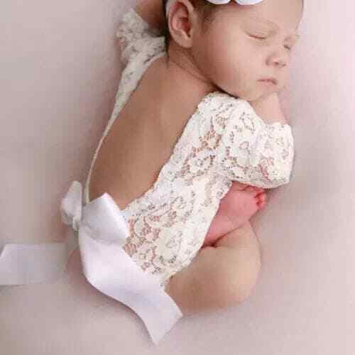 Neugeborenes Mädchen Outfit Foto Requisite Baby Kleinkind 2-teiliges Set Body + Blume Stirnband - Bild 30 von 34