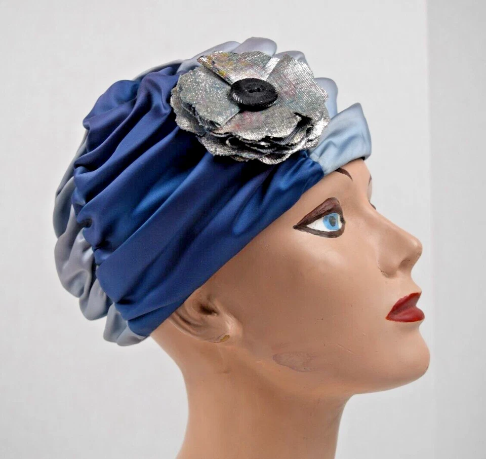 Vintage Beret 40s Mussetta California 2 Toned Blue Gray Gathered Silk Sz 9" D - Image 3 of 4