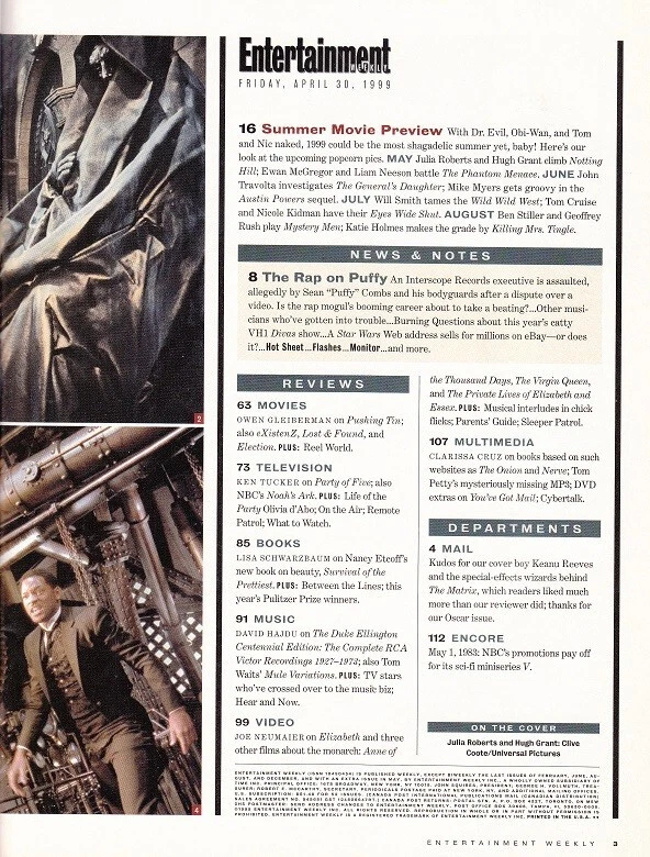 JULIA ROBERTS - HUGH GRANT - WILL SMITH - Vtg ENTERTAINMENT WEEKLY Magazine 1999 - Image 2 of 2