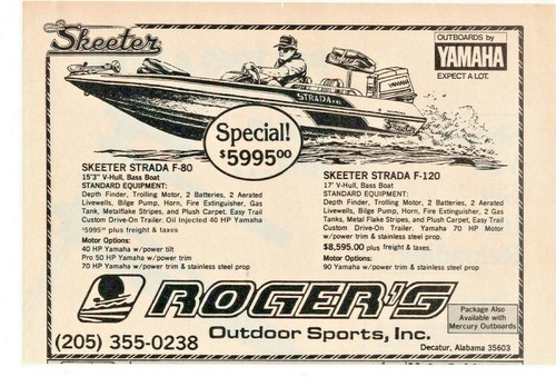 Anuncio impreso Rogers deportes al aire libre Decatur, AL Skeeter Strada Yamaha 1987 - Imagen 2 de 2