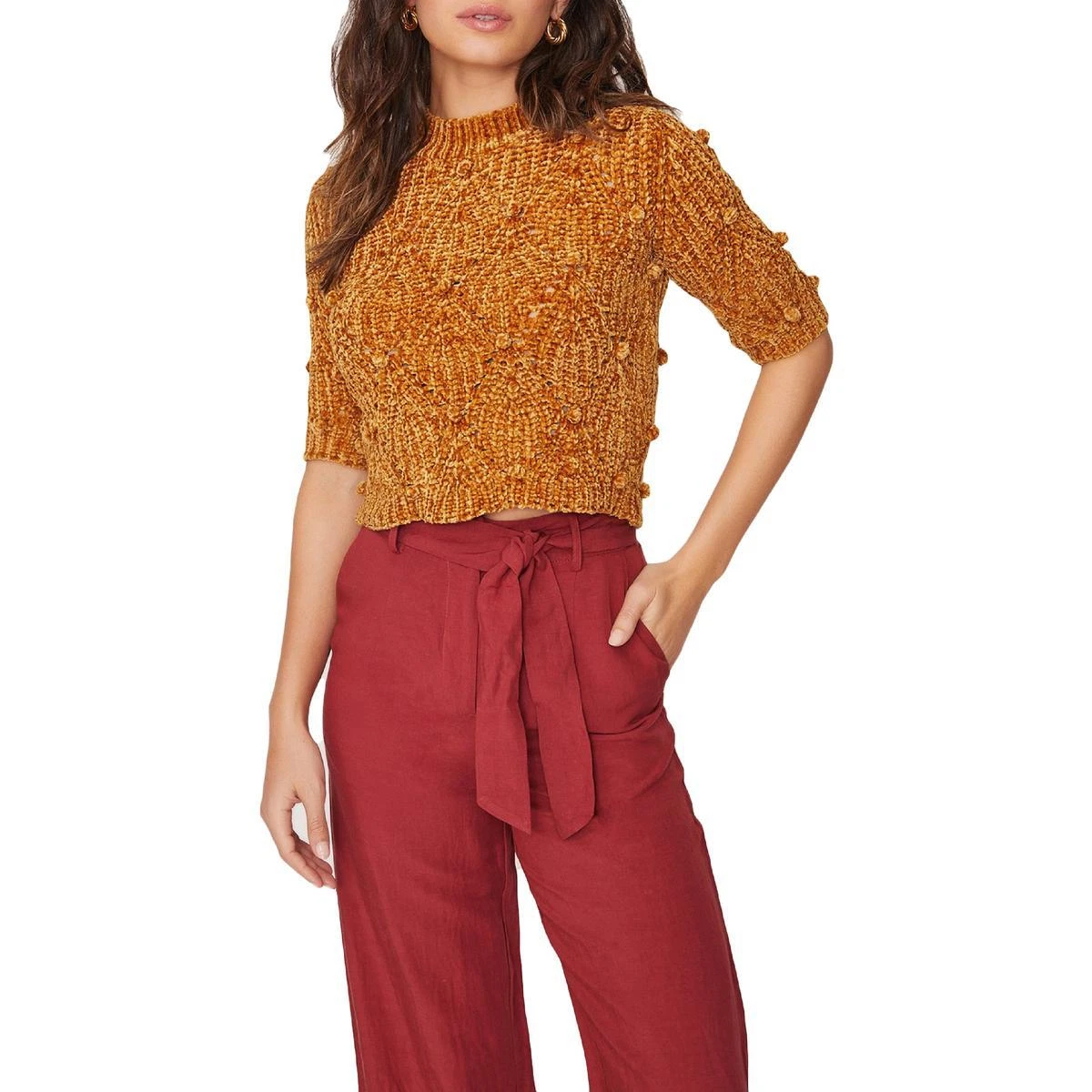Lost + Wander Womens Gold Cable Knit Applique Crop Sweater Shirt S