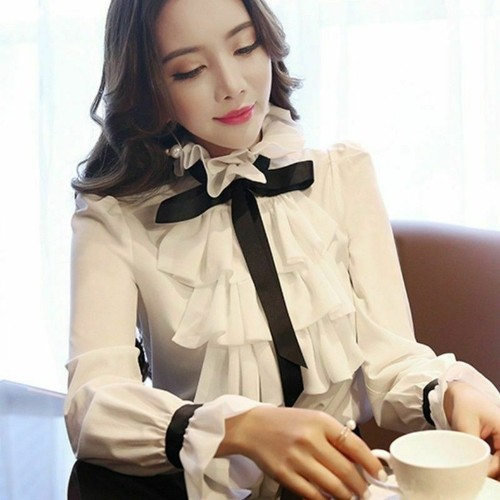 Camicia donna volant CAMICIA top vittoriana vintage bianca maniche lunghe chiffon nuova - Foto 4 di 8