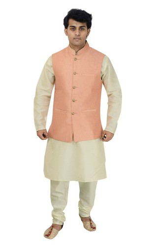 Mens Pastel Pink Floral Blend Silk Asian Wedding Waistcoat Koti Jacket Only 1046 - Picture 2 of 5