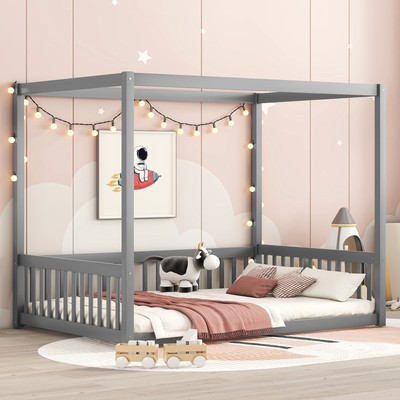 Full Size Canopy Bed Frame w/ Fence, Grey