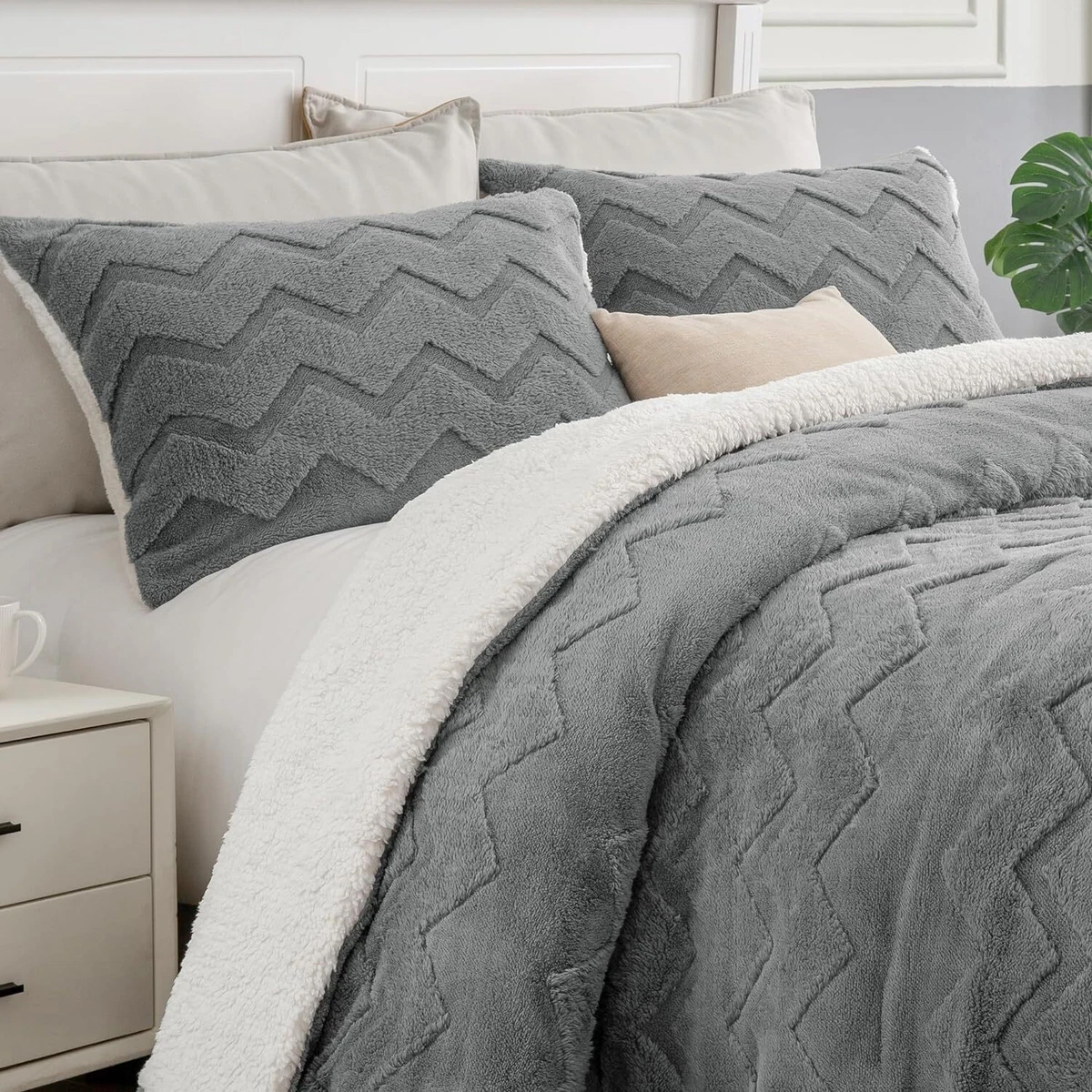 BEDELITE Fluffy King Size Comforter Set Super Soft Sherpa Grey