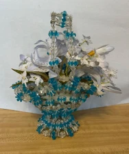 Vintage Handmade Beaded Safety Pin Basket Mid Century Flower Blue Clear  9.5”