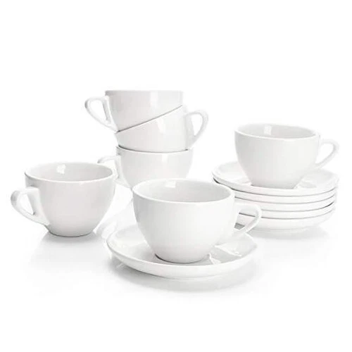  403.001 Porcelain Cappuccino Cups with Saucers - 6 Ounce for 3.5 inch White