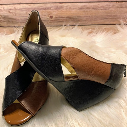 Seychelles Women’s Wedge Sandals Peep Toe Leather Shoes Black Brown Size 8 - Picture 4 of 5
