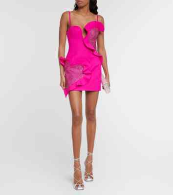 $1695 New Area Heart Ruffle Mini Dress Fuchsia Wool Crystals Fitted Hot Pink  2 | eBay