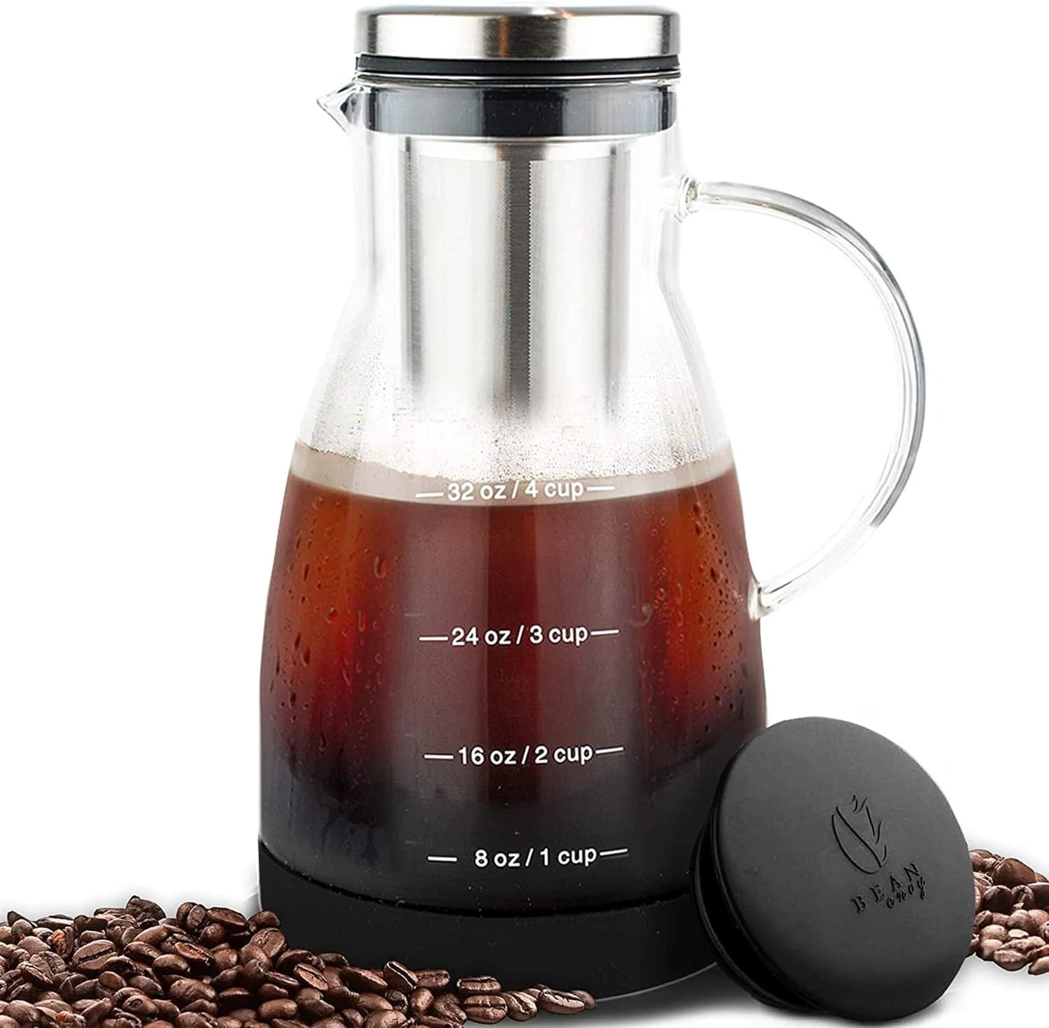 Glass Coffee Cold Brew Maker and Pitcher w/Stainless Steel Filter Silicone Cap
