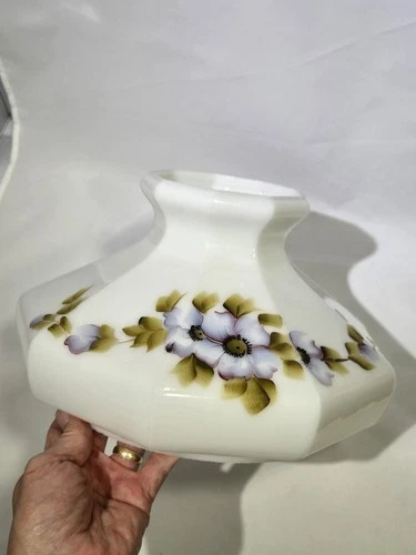 Vtg Aladdin 9 Panel Hand Painted Floral Milk Glass Lamp Shade fits 10" Fitter