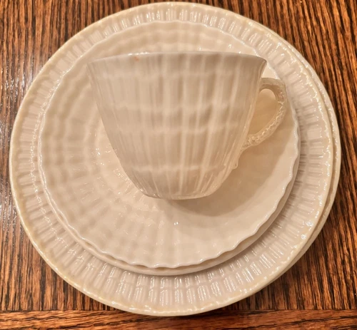 Vintage Belleek Shell Pattern yellow luster, Coffee Cup & Saucer and plates. 