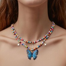 Colorful Initial Layered Necklaces for Girls, Stackable Choker Beaded Butterfly
