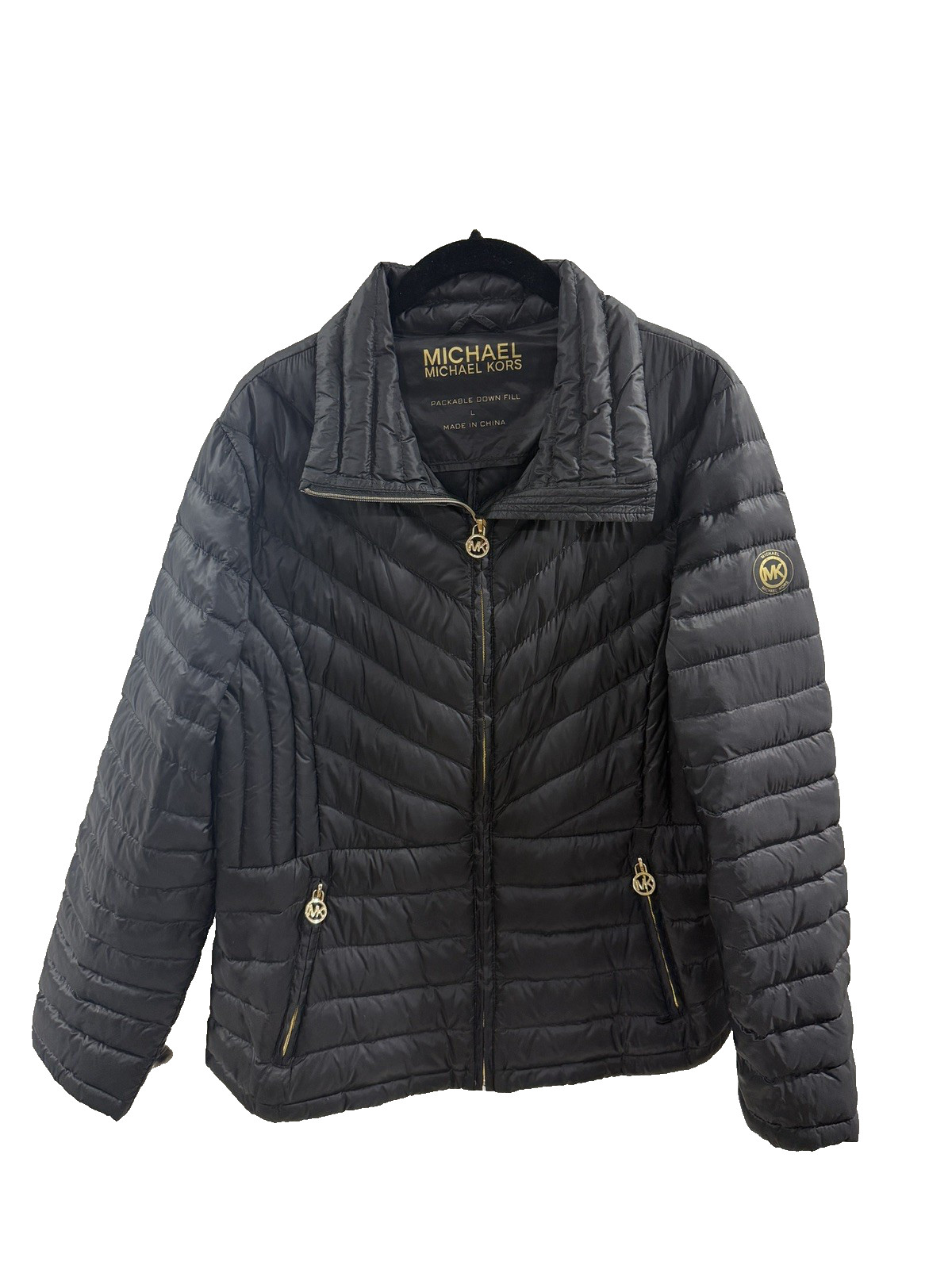 Michael Kors Packable Down Jacket Womens Large Black Puffer Gold Travel Outdoor
