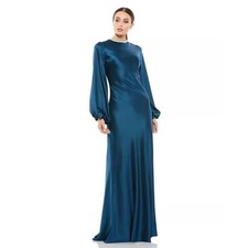 IEENA for Mac Duggal Gown 6 Teal Satin Blouson Rhinestone Collar Bishop Sleeve