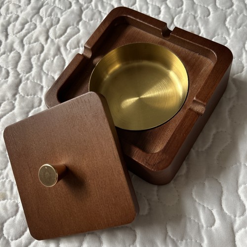 Solid Square Trapezoidal Wood Ashtray with Lid Stainless Steel Liner Windproof