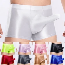 Mens Sexy Boxer Underwear Low Rise Sheer See Through Oil Shiny Glossy Big Pouch