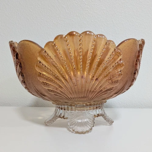 Dugan Glass New York Beaded Shell Master Berry Bowl Marigold Carnival Glass EAPG