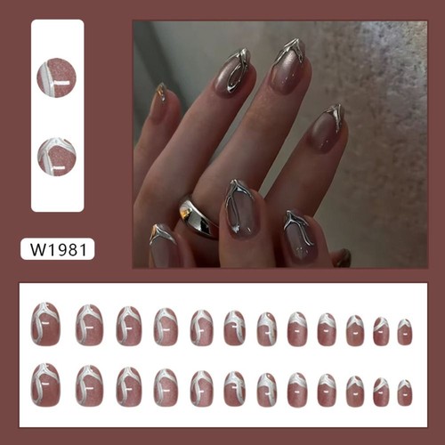 24pcs French False Nails Irregular Metallic Lines Nail Tips Fake Nials DIY