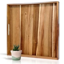 22 Inches Square Acacia Wood Ottoman Tray, Extra Large Wooden Serving Tray wi...