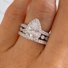 3CTW Pear Cut Moissanite Wedding Trio Set Ring For Women's 14k White Gold Plated