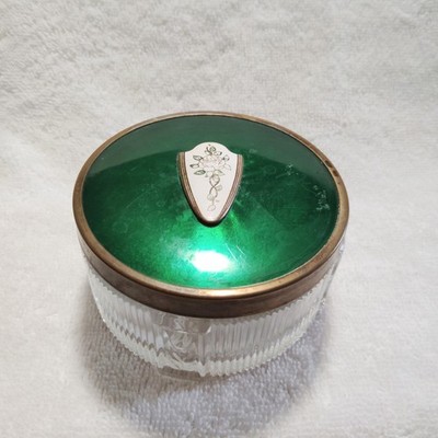 Vtg Art Deco Vanity Jar Tulip Footed Glass Vanity Trinket Box with Green Lid