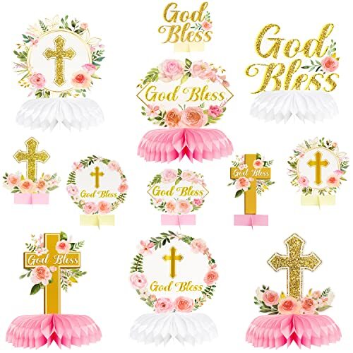 12Pcs Floral God Bless Decorations First Communion Honeycomb Pink Gold - Picture 2 of 7