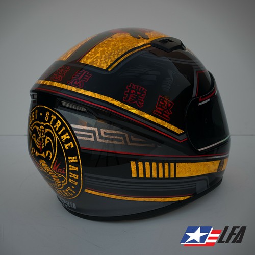 Custom Painted Cobra Kai Holographic Gold Foil Motorcycle Car Race Helmet - Foto 1 di 10