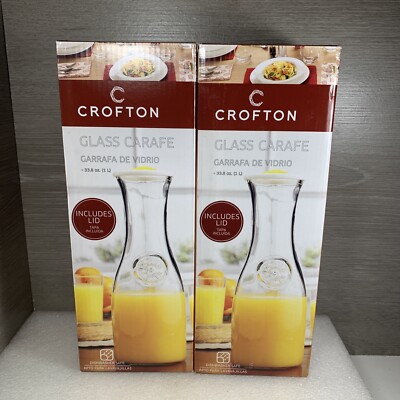(2) Crofton 1 Liter Glass Carafe with Lid - NEW