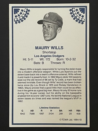 *RARO* MAURY WILLS ~ 1984 TCMA Greats #10 Firmado AUTOMÁTICO ~ DODGERS (d.2022) - Imagen 2 de 3