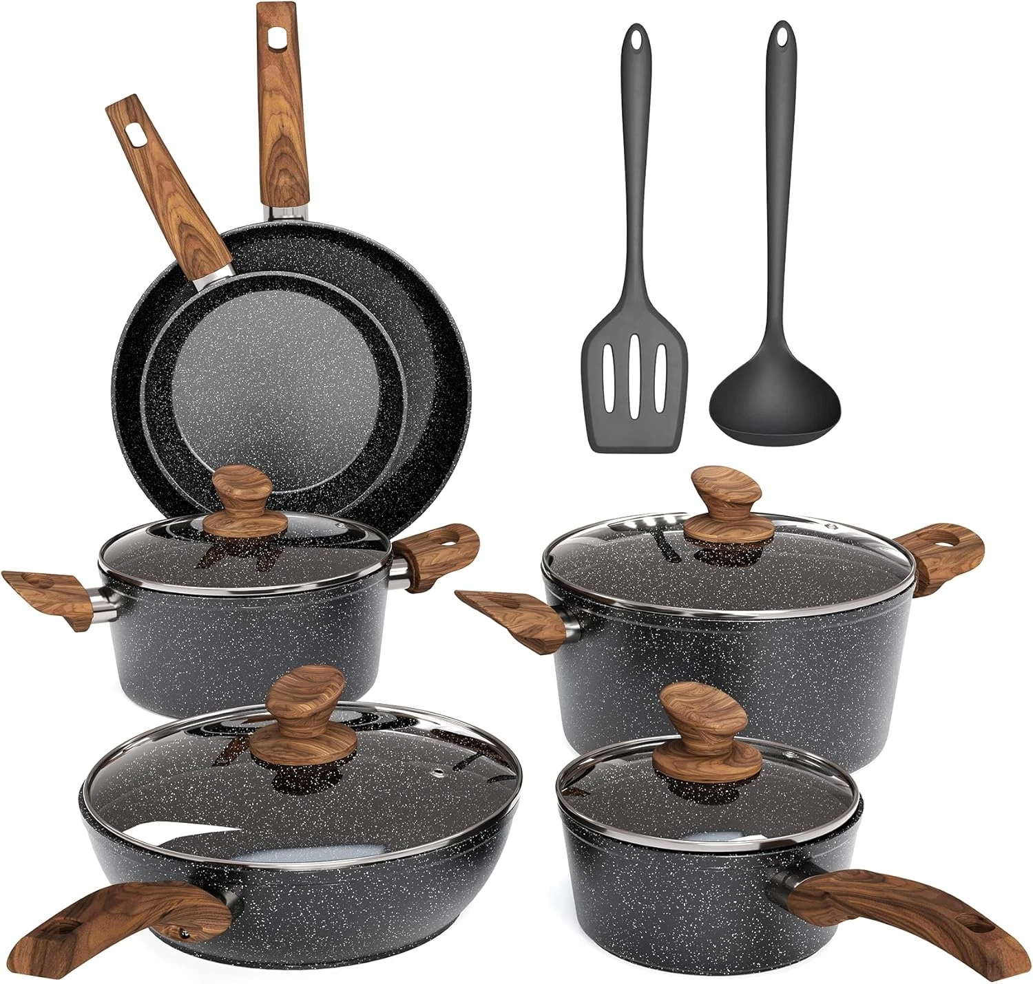 12-Piece Non-Stick Black Granite Cookware Set - Induction Compatible Pots & Pans