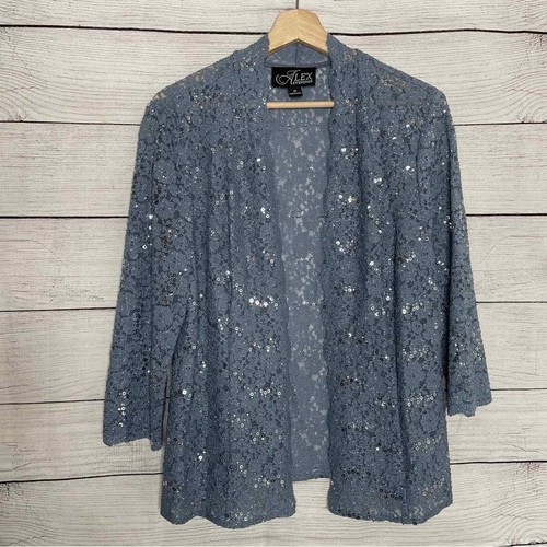 2 PIECE SET Alex Evenings Slate Blue Sequin Floral Lace Dress & Jacket 12 - Picture 5 of 14