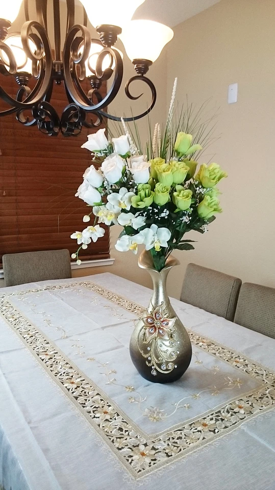 72x90" Embroidered Embroidery Handmade Jeweled Organza Tablecloth Napkins beige - Image 3 of 4