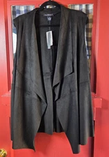 Joan Vass Women's Black Faux Suede Open Front Sleeveless Vest Plus Size 3X