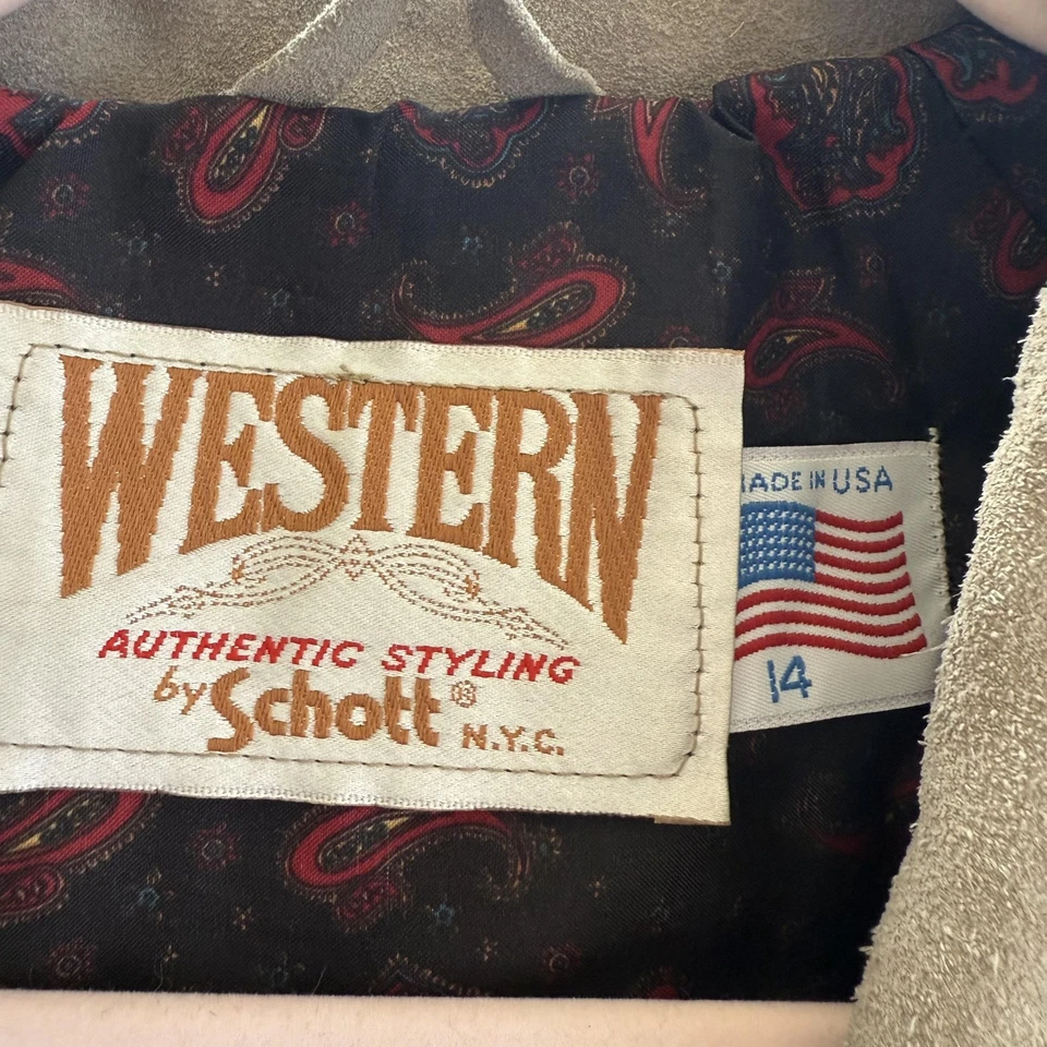 Vintage Schott Western Jacket Womens 14 Tan Suede Fringe USA Lined 90s Cowgirl - Image 3 of 4