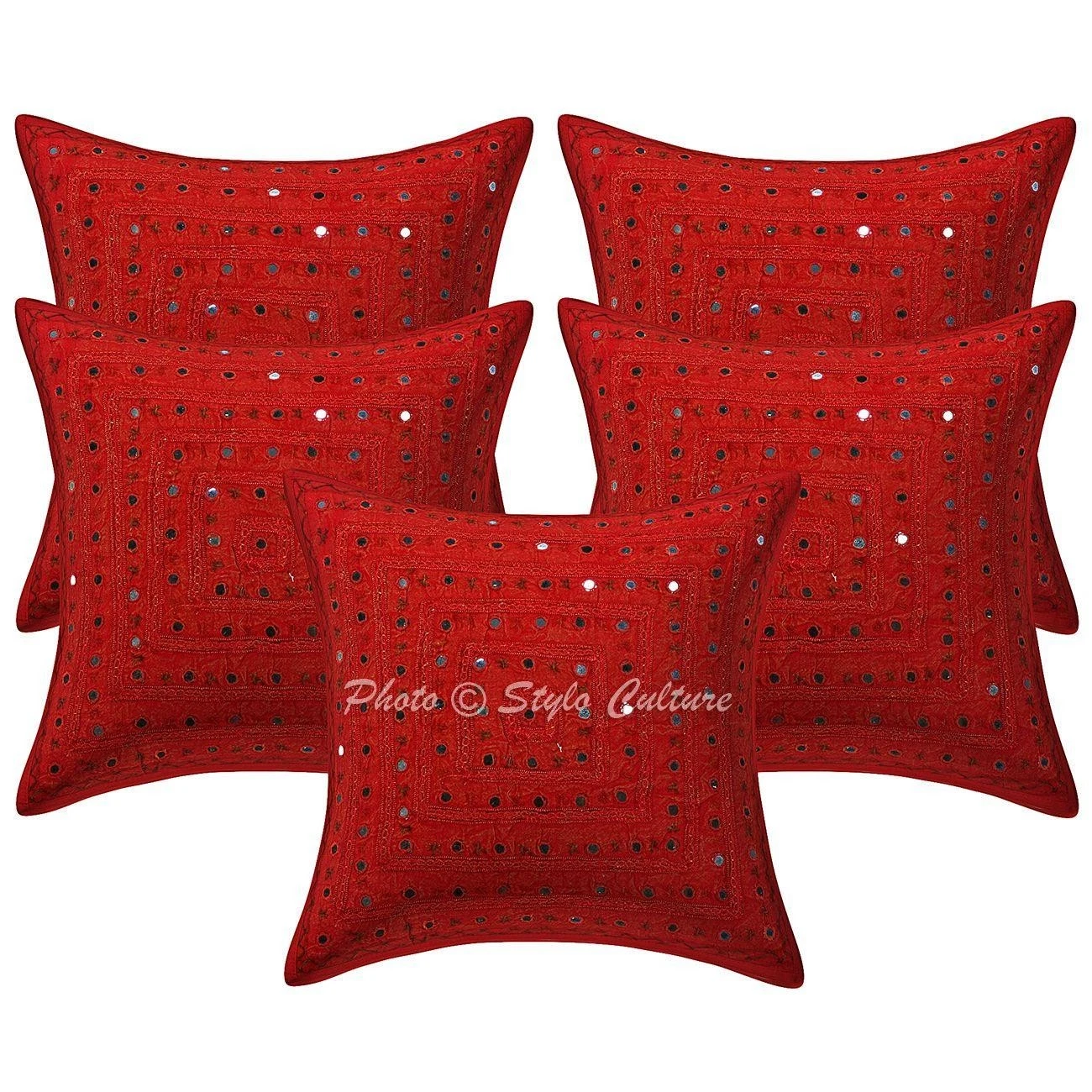 Ethnic Cotton Throw Pillow Covers Embroidered Mirror Lace Red Geometric 40x40 cm
