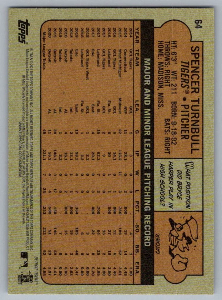 2021 Topps Heritage Spencer Turnbull Detroit Tigers #64 - Image 2 of 2