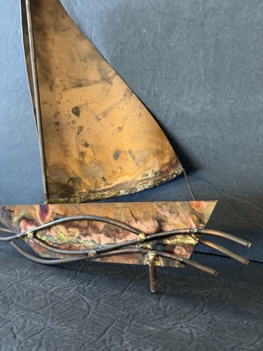 Vintage Bijan Bahar Copper Sculpture Sailboat Distressed Metal Art Signed 15” - Picture 9 of 24