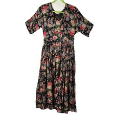 Vtg Sita Maxi Dress Black Floral Crinkle Fairy Grunge Whimsigoth Witchy 90s M