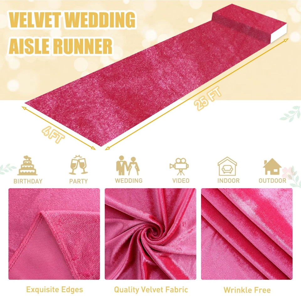 粉色地毯跑步者过道跑步者婚礼仪式 4 英尺 x 25 英尺天鹅绒跑道... — 第 3/4 张图片