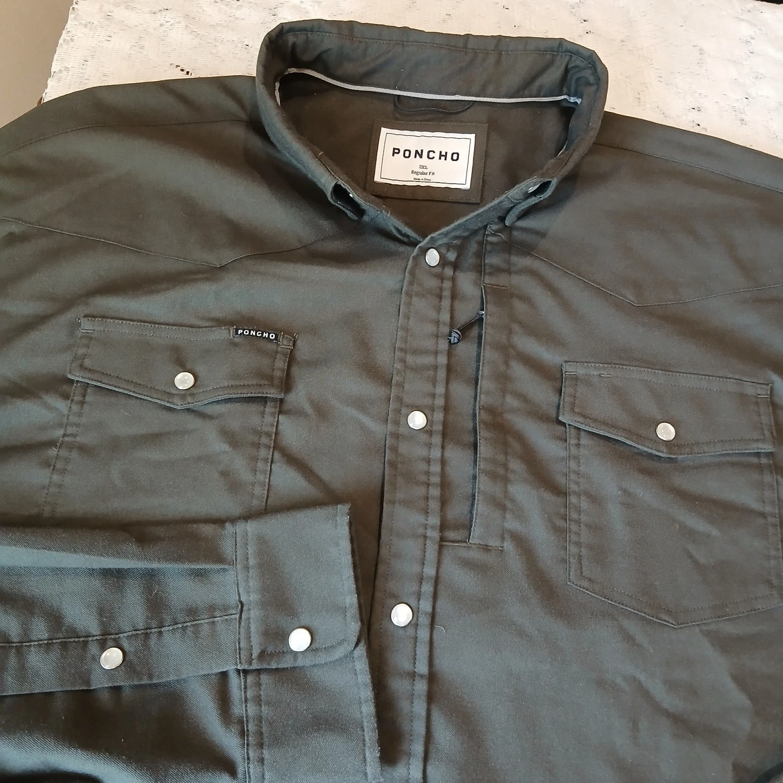 Poncho Western Shirt Mens 3XL Regular Fit Olive Long Sleeve Pearl Snap Button Up