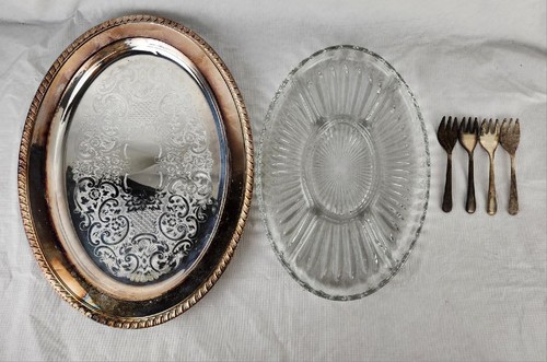 Vintage Leonard Silver Serving Tray w/ Divided Glass Platter/Dish & Forks