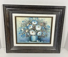VTG Floral Still Life Oil Painting Framed Blue White Vase Artist Signed 14"x16"