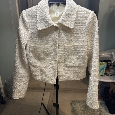 H&M Women Ivory Tweed Crop Coat XS Rhinestone Buttons Pockets